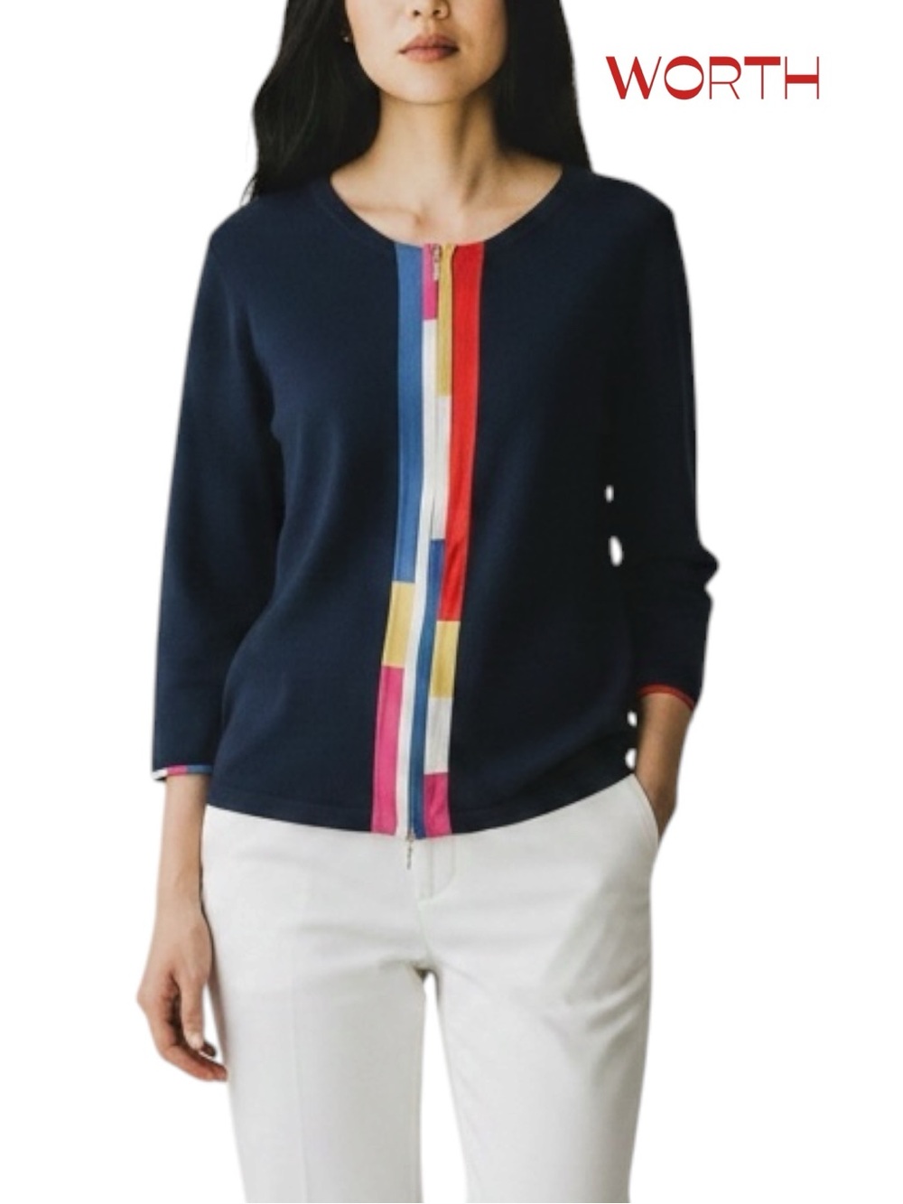 WORTH Navy Blue Accent Academia Office Career Full Zip Cardigan Sweater Size M